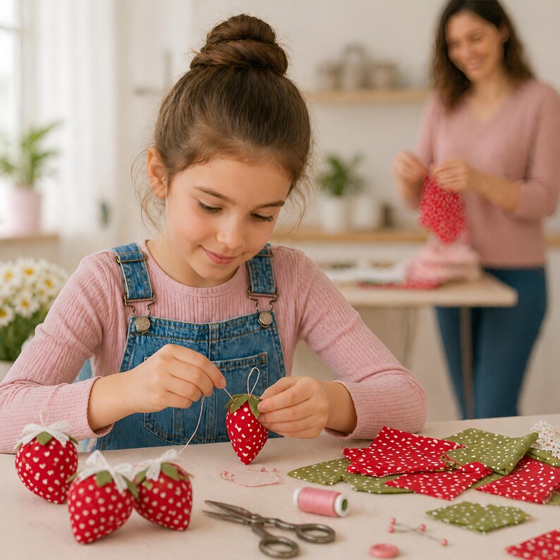 Girl sewing a fabric strawberry with small red and green fabric pieces, easy sewing activity at home, learning to sew simple project