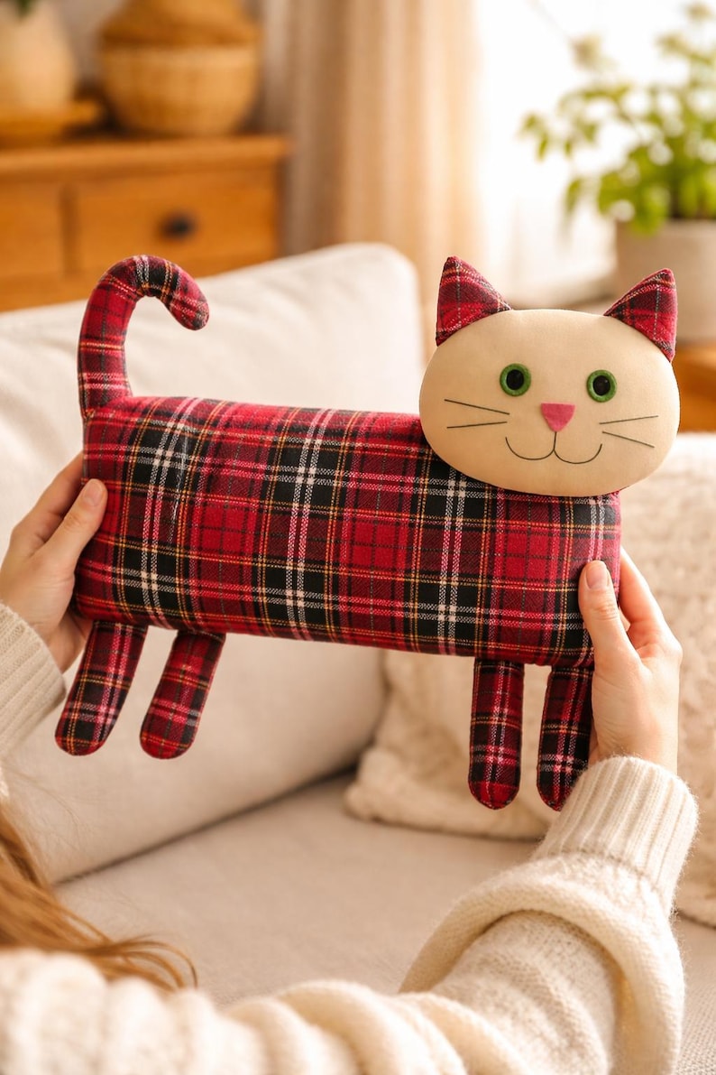 Hand holding red plaid cat pillow made from fabric, DIY sewing pattern result, handmade soft toy gift idea
