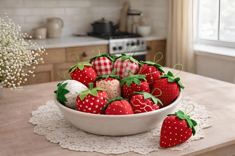 Bowl filled with red fabric strawberries with lace bows styled on lace doily in cozy home interior