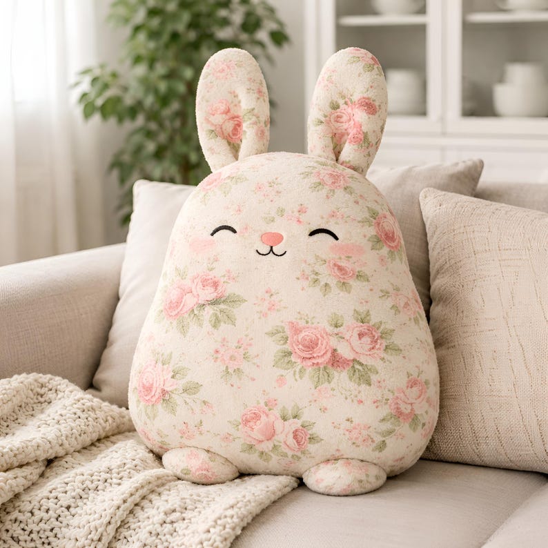 Floral bunny pillow , cottage style decor on a sofa.
