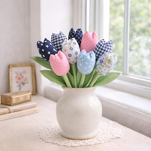 handmade fabric tulip bouquet in white vase near window sewing pattern example