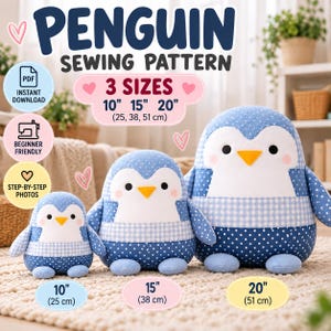 Naaipatroon voor een pinguïn (PDF), 3 maten, knuffel, pluche kussen, project voor beginners