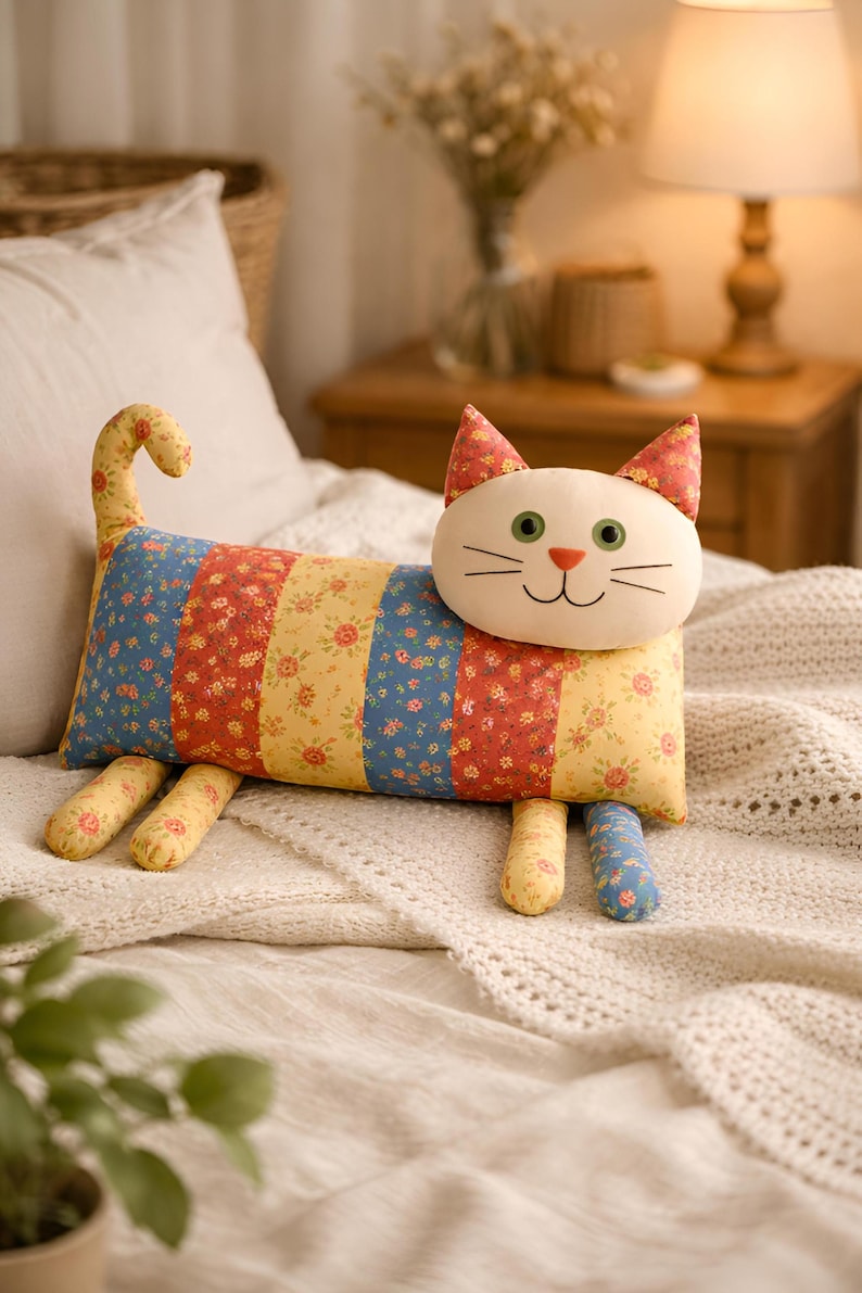 May include: A stuffed cat toy featuring a rectangular body made of vertical fabric strips in yellow, red, and blue with floral patterns. The cat has a cream-colored head with green eyes, a small orange nose, and a stitched mouth, plus four legs.