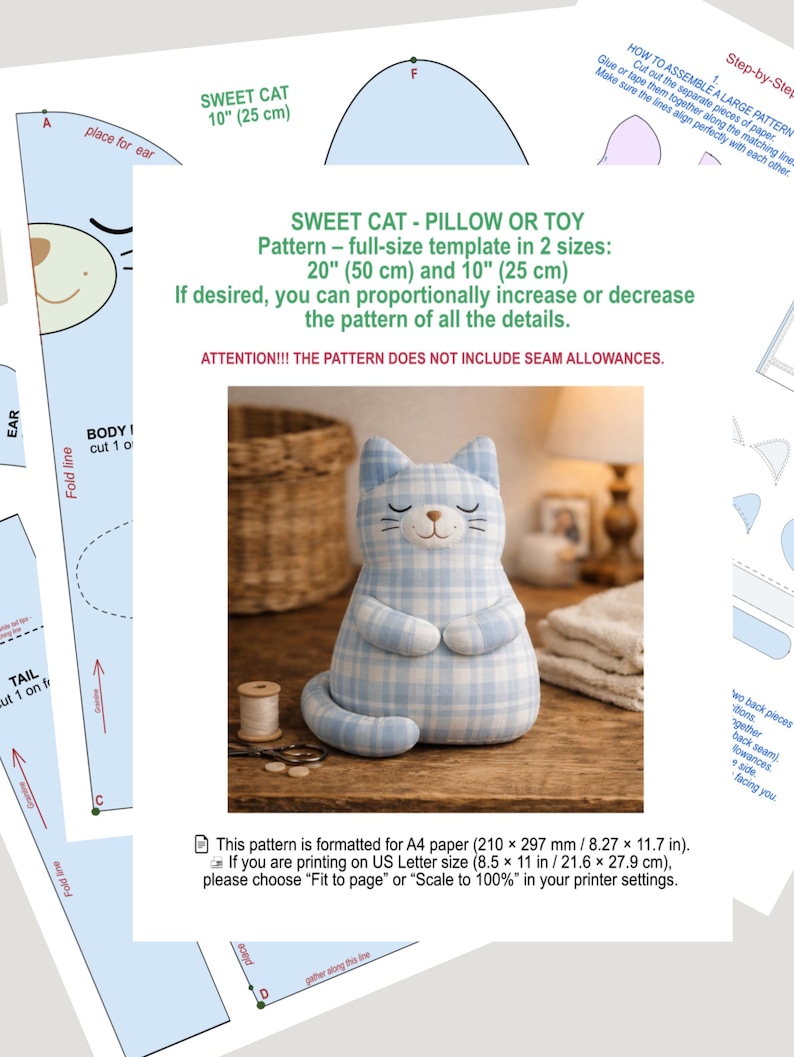 cat sewing pattern PDF, printable plush toy template, digital download