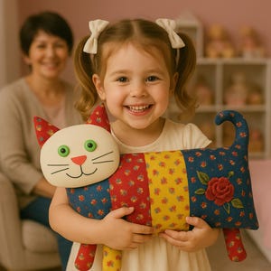 Pode incluir: Um brinquedo de pelúcia artesanal em forma de gato com rosto branco, olhos verdes e nariz vermelho. O corpo é feito de tecido de retalhos com estampas florais vermelhas, amarelas e azuis. Uma rosa vermelha é bordada.