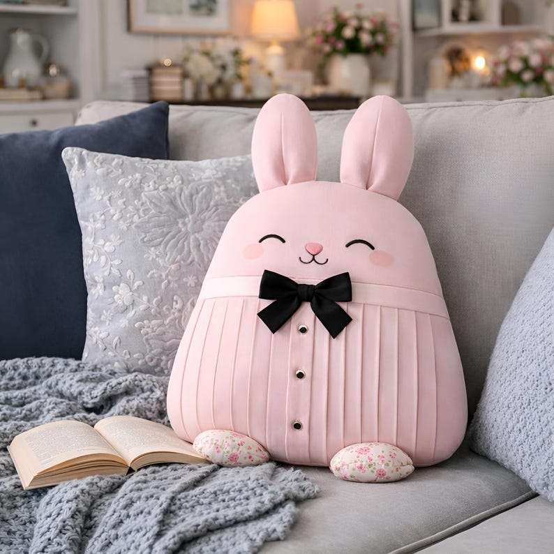 Pink bunny pillow made from pleated shirt fabric with black bow detail.