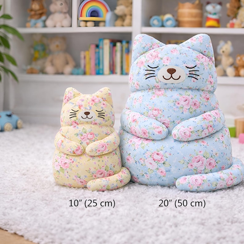 plush cat toy in two sizes, stuffed cat pattern sizes, DIY nursery toy