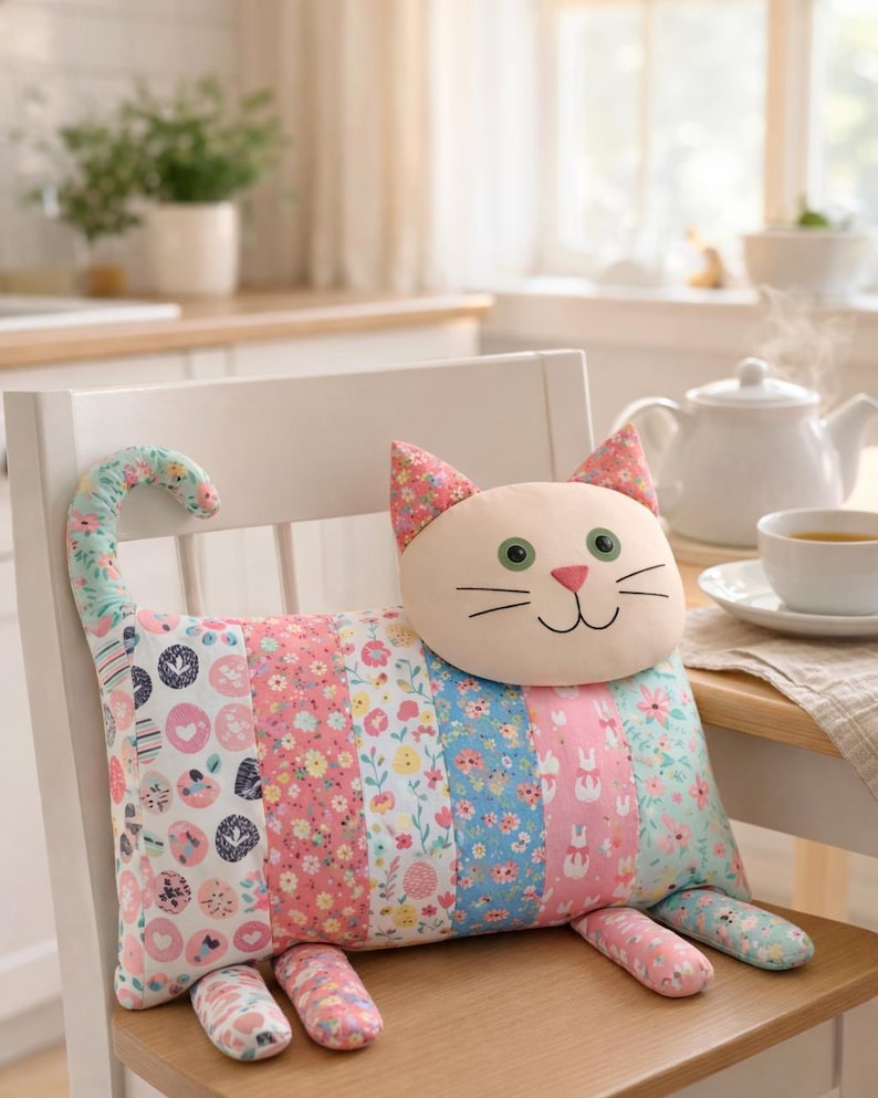 Handmade patchwork cat pillow on chair, soft fabric cushion toy, cozy home decor, beginner sewing pattern result