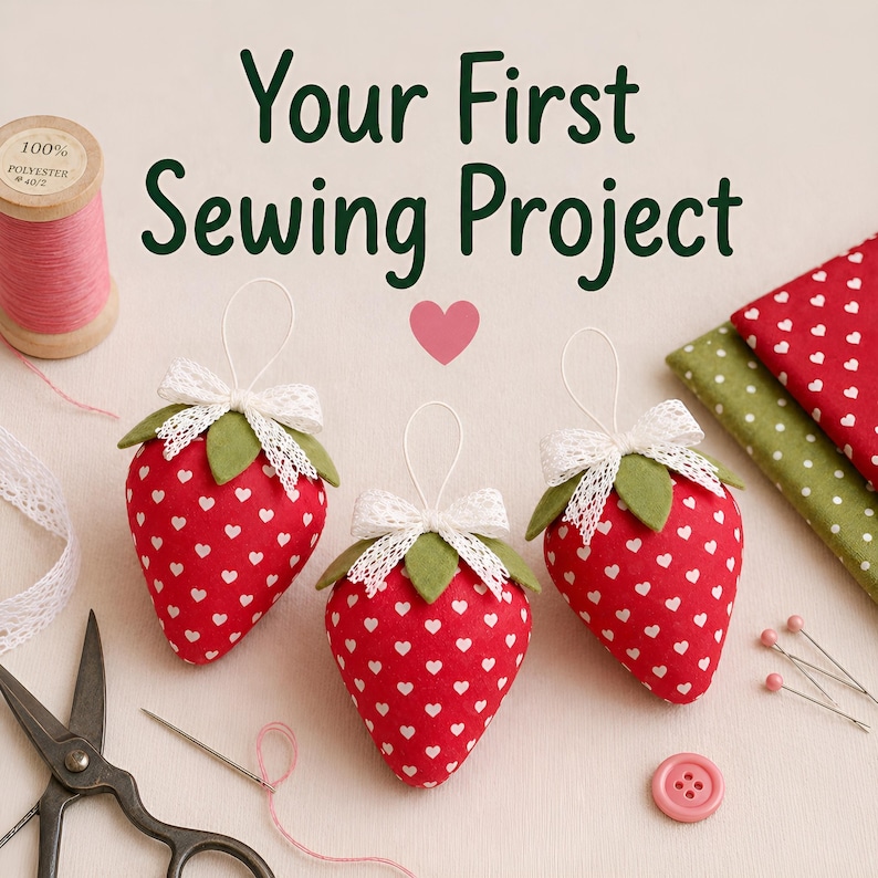 Red fabric strawberry sewing project with heart pattern, beginner sewing idea, small DIY strawberry ornament, your first sewing project