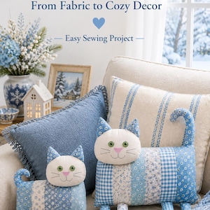 Blue cat pillow sewing pattern showing finished handmade cat and matching cushions created with an easy printable PDF pattern
