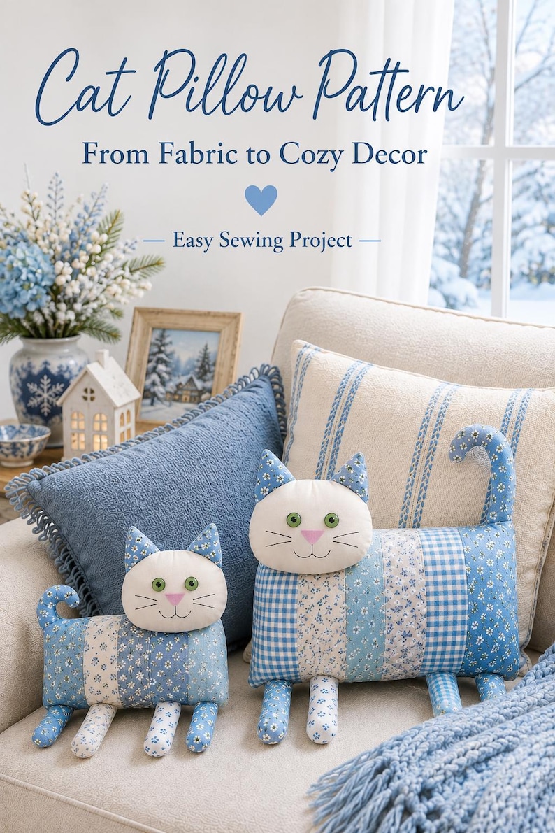 Blue cat pillow sewing pattern showing finished handmade cat and matching cushions created with an easy printable PDF pattern