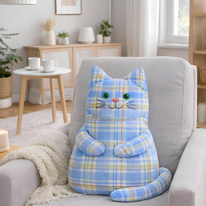 blue plush cat toy, soft stuffed animal, home decor idea