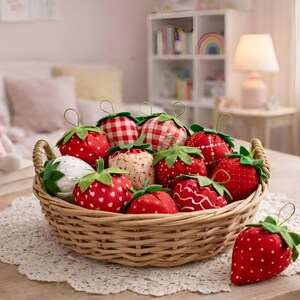 Basket of red fabric strawberry ornaments with lace bows in soft nursery style interior