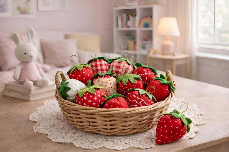 Basket of red fabric strawberry ornaments with lace bows in soft nursery style interior