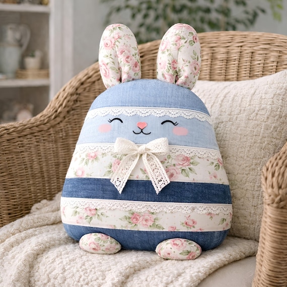 Patchwork Bunny Pillow Sewing Pattern, Memory Keepsake, 2 Sizes 10″ & 20″, Upcycled PDF