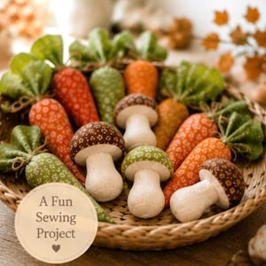 May include: A woven basket filled with fabric carrots featuring green leafy tops and various orange and green patterned textiles, alongside three wooden mushrooms with patterned caps. A circular label reads A Fun Sewing Project.
