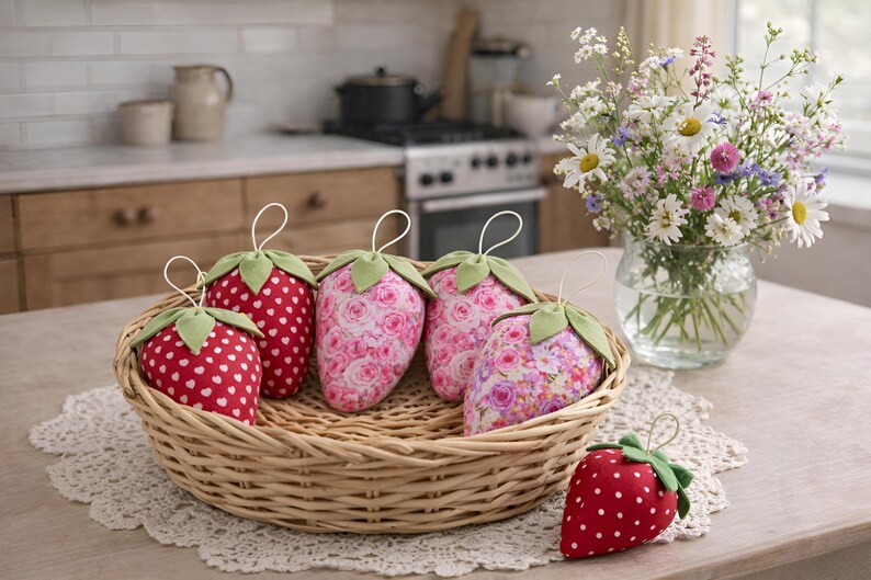 Basket with handmade pink fabric strawberries with lace bows on table in cozy kitchen interior