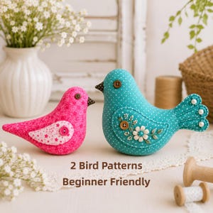 Op de afbeelding: Twee stoffen vogels, een kleinere roze vogel met sterrenpatroon en een grotere turquoise vogel met witte stippen. Beide hebben knoopogen, geborduurde bloemdetails en parels op de staart. De tekst luidt: 2 Bird Patterns Beginner Friendly.