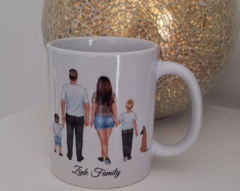 May include: White ceramic mug with a printed image of a family of four, including two children and a dog, walking together. The text "Link Family" is printed at the bottom of the mug.