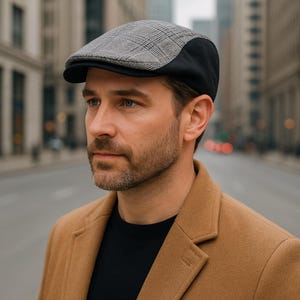 May include: A gray and black plaid newsboy cap with a black side panel. The cap is worn by a person wearing a tan coat and black shirt. The background is a city street.