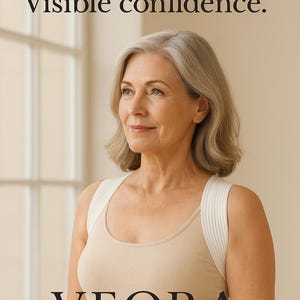 Puede incluir: Una mujer mayor con cabello gris lleva una camiseta sin mangas beige y un corrector de postura blanco. El texto "Invisible comfort. Visible confidence." y el nombre de la marca "VEORA" aparecen en la imagen.