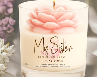 Personalisierte Pfingstrose Blumen Kerze Geschenk, Schwester, Tante, Schwägerin, Custom