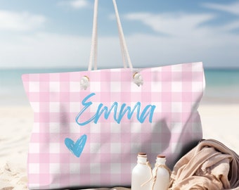Custom Gingham Beach Bag, Weekend Bag, Pool Custom Bag, Personalised Beach Bag, Gift For Her, Birthday Party Gift, Beach Party Bag