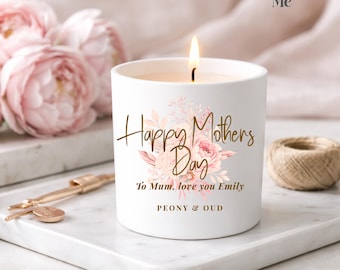 Personalisierte Muttertagskerze für Mama - Pfingstrosenblumen-Sojakerze mit individueller Nachricht
