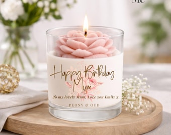 Personalisierte Geburtstagskerze für Mama, Pfingstrosenblumen-Sojakerze, benutzerdefinierter Name und Nachricht, Luxusgeschenk