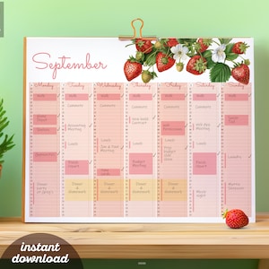May include: A printable September calendar planner with a strawberry design. The calendar has a pink and white color scheme and includes a daily schedule for each day of the week.