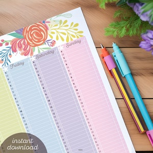 May include: A printable weekly planner with a floral design in shades of pink, orange, yellow, and green. The planner is divided into five columns for each day of the week, Thursday through Sunday. Each column has a time scale from 4:00 AM to 7:00 PM.