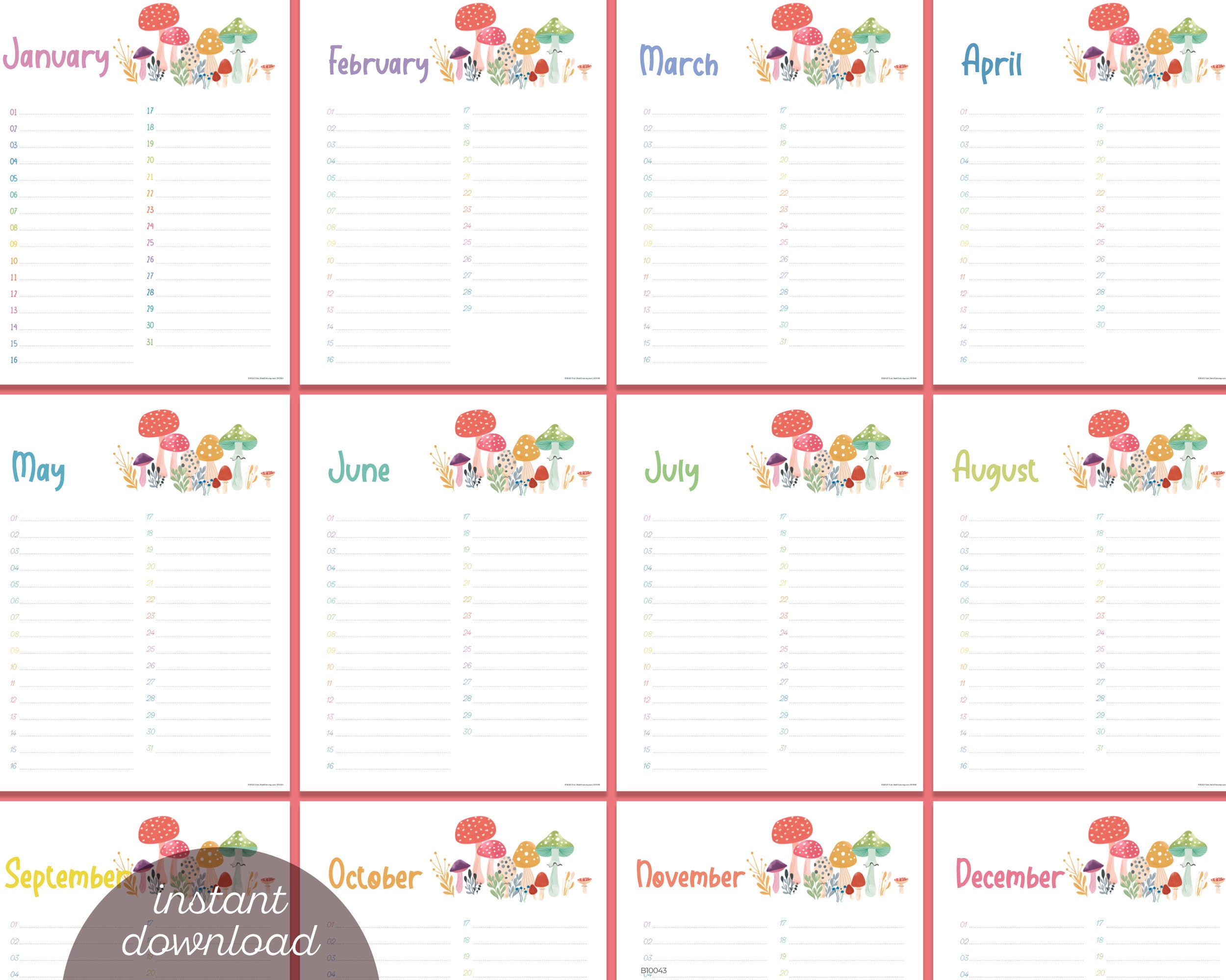 Perpetual Calendar Printable & Digital Planner Insert Template Mushroom Cottagecore Birthday ...