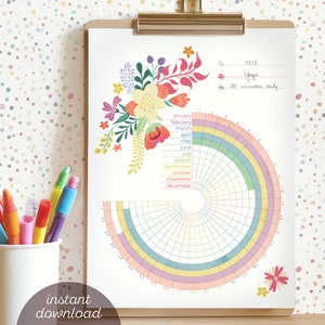 May include: Printable 2025 yoga tracker with a floral design. The tracker is a circle divided into 12 sections for each month of the year. Each section is further divided into 30 squares for each day of the month. The tracker is designed to help you track your yoga practice for the year. The text on the tracker reads "2025 Yoga 30 minutes daily".