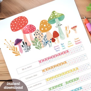 Maandelijkse gewoontetracker digitale en afdrukbare planner | Voortgang Mood Tracker Mushroom Fairycore Chore Chart Eeuwige kalender Taakchecklist