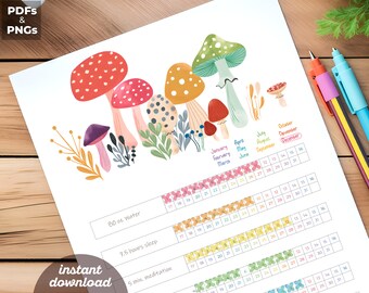 May include: A printable calendar featuring a whimsical mushroom illustration. The calendar is designed for tracking daily habits, including water intake, sleep, and meditation. The months of the year are listed across the top, and the days of the month are listed in rows below. The calendar is decorated with colorful mushrooms and leaves.