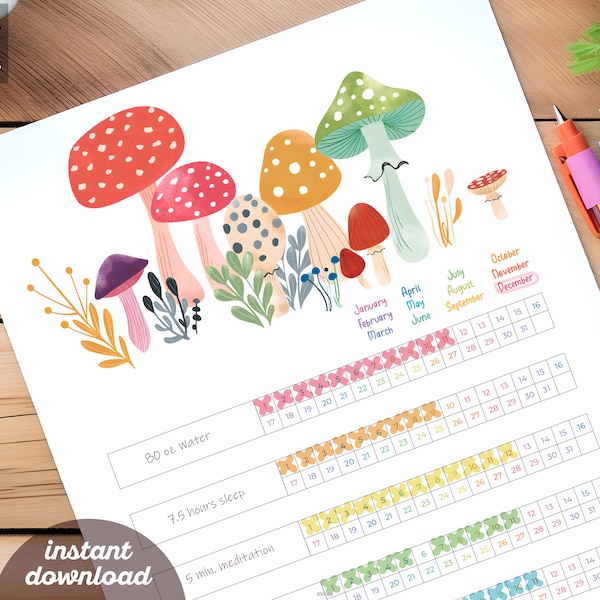 Monthly Habit Tracker Digital & Printable Planner | Progress Mood Tracker Mushroom Fairycore Chore Chart Perpetual Calendar Task Checklist