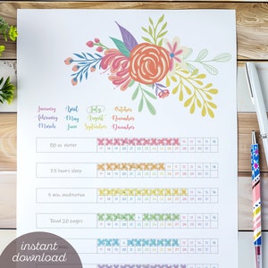 May include: A printable daily habit tracker with a floral design. The tracker includes sections for water intake, sleep, meditation, and reading. The text includes the months of the year and the phrase "instant download."