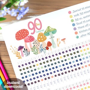 Peut inclure: Un suivi de défi de 90 jours imprimable avec des illustrations de champignons colorés. Le suivi comprend des objectifs quotidiens tels que la tenue d'un journal, la marche et la lecture. Les mots "PDFs & PNGs" et "téléchargement instantané" sont visibles.