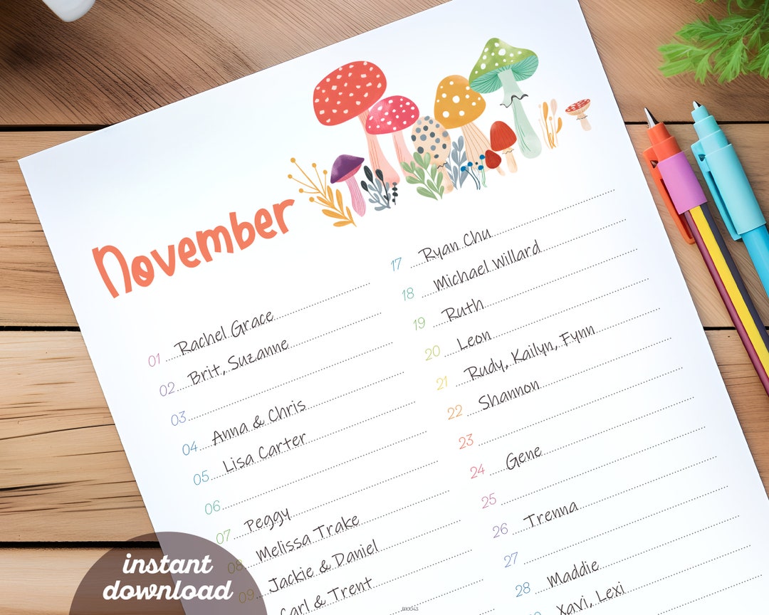Perpetual Calendar | Printable & Digital Planner Insert Template Mushroom Cottagecore Birthday ...