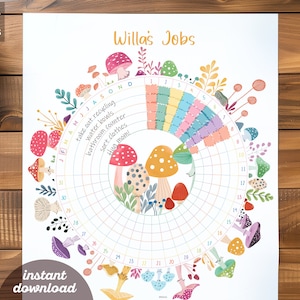 May include: A colorful, whimsical chore chart with the text "Willa's Jobs" at the top. The design features a circular calendar with days marked, surrounded by mushroom illustrations and floral accents. The chart includes a list of tasks.