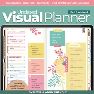 May include: A digital planner app interface with a colourful floral design. The app is designed for visual thinkers and is dyslexia and ADHD friendly. The planner includes a daily schedule, to-do list, and notes section. The app is available for iPad and Android.