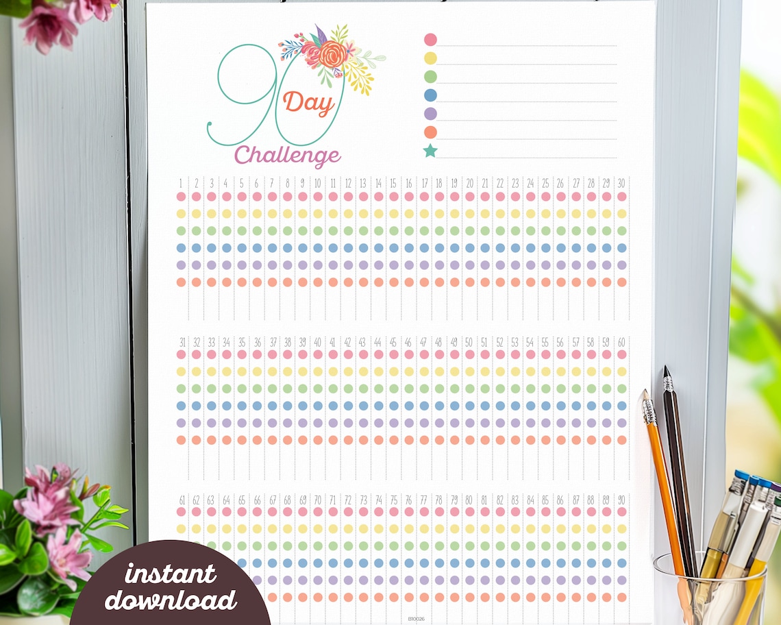 90 Day Challenge Tracker | Printable Digital Download Insert Colorful ...