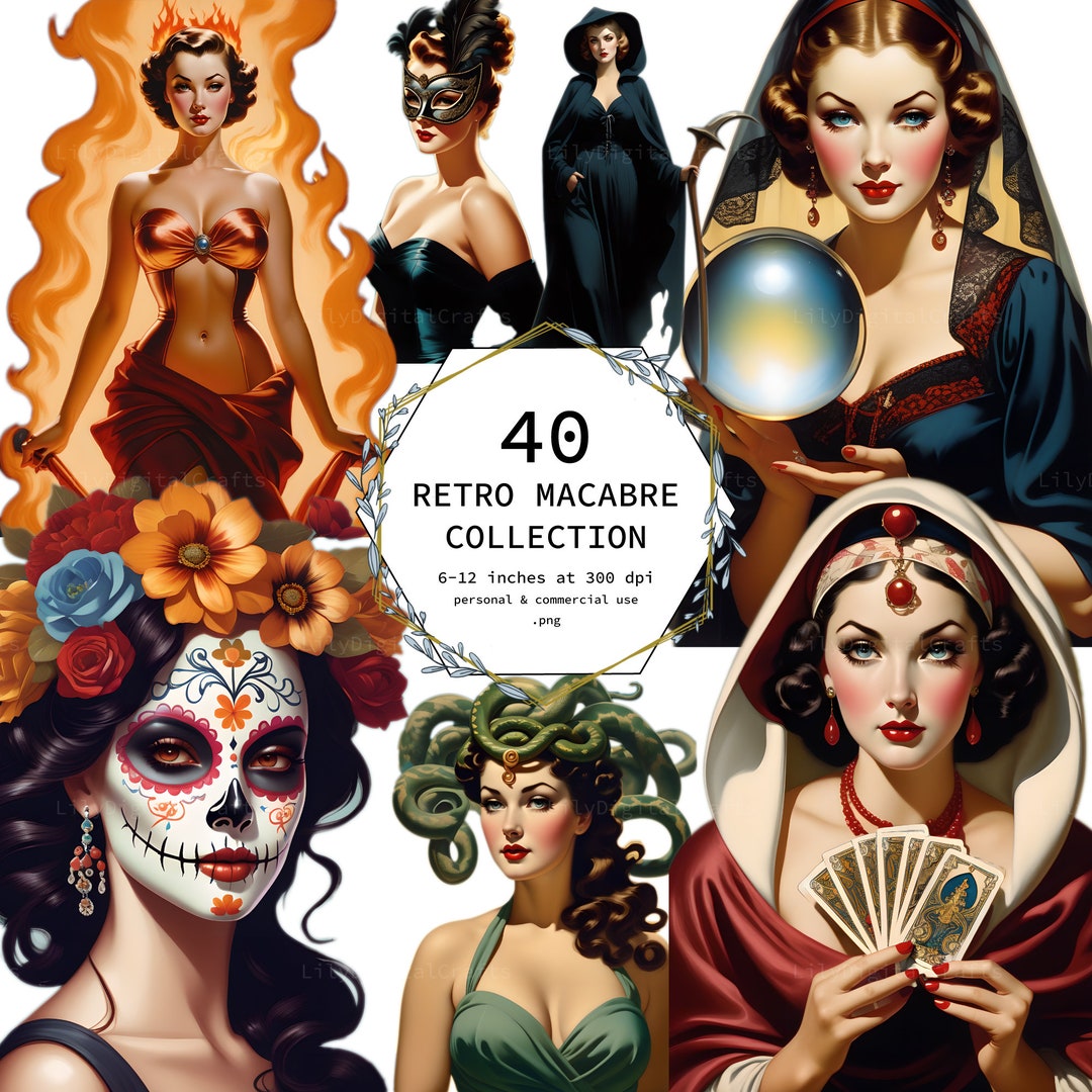 Picture of Retro Macabre Clipart Bundle 40 Pack Transparent & Full Junk Journal ...