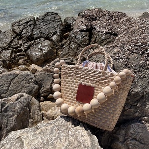 Cesto in canna con manico in legno, borsa in vimini da borsetta, borsa estiva, borsa da spiaggia, borsa in paglia, cestino in paglia