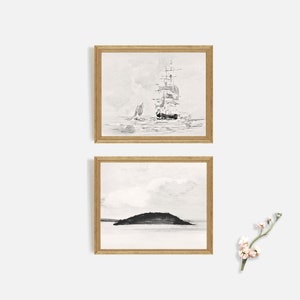 Black & White Watercolor Nautical Ocean Prints (Set of 2) | Vintage Art | Seaside | Sketch