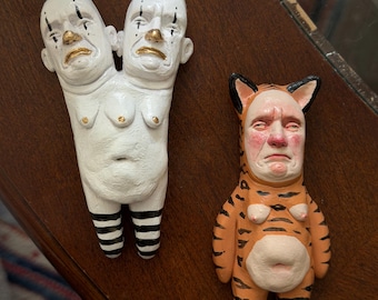 PRE-ORDER Mini Wall Talisman | Conjoined Clowns |  Tiger Guy |  Handmade Ceramic Wall Art