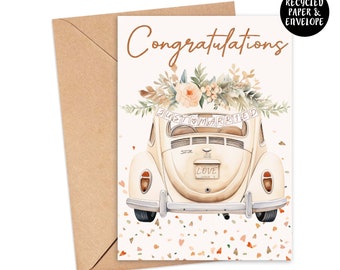 Congratulations Just Married Vintage Car Card | Gift For Her | Wedding Watercolor Print