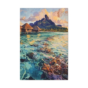 Impresión en lienzo de bungalows en Bora Bora: arte mural tropical oceánico, pintura marina de la Polinesia Francesa, decoración de villa sobre el agua, póster de viaje a la isla