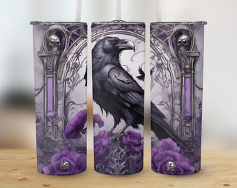 Gothic Raven Skull 20oz Tumbler Wrap, Dark Fantasy Crow Water Bottle Cover, Spooky Purple Flower Drink Sleeve, Halloween Gift Idea