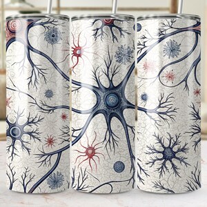 May include: Three stainless steel tumblers with a white background and a blue and red neuron pattern. The tumblers are all the same size and shape.